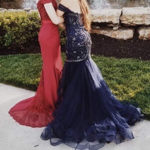 • embroidered beaded off the shoulder horse hair fit + flare formal navy gown •